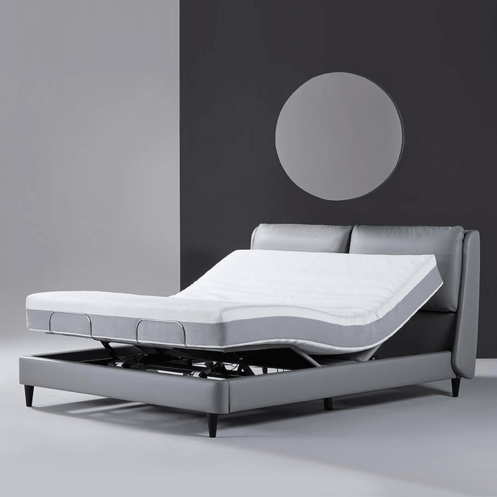 Gray Feel eco-leather smart electric bed F series in the bedroom