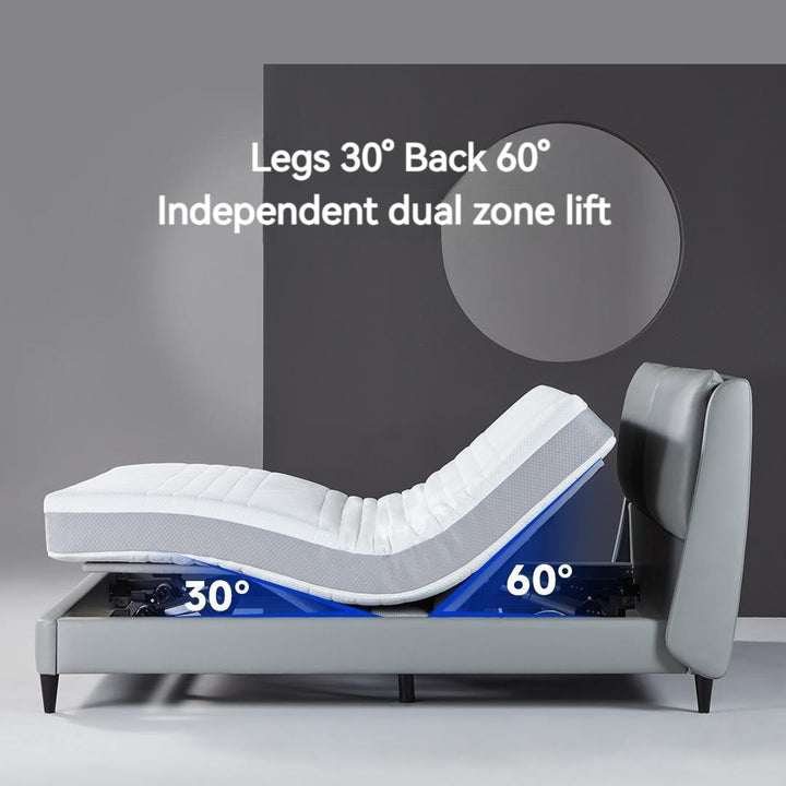 Feel eco-leather smart electric bed F series can lift legs 30° and back 60° independently with dual zones