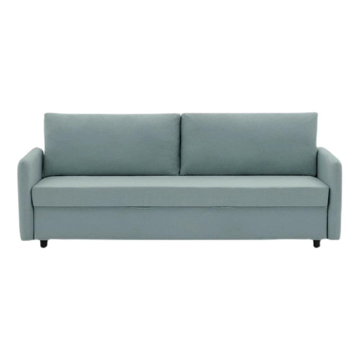 A cyan coloured folding sofa bed