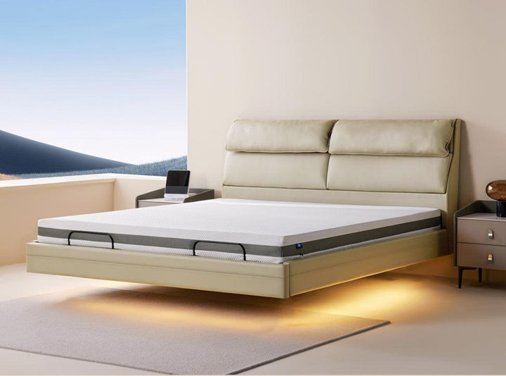 Beige Feel smart leather electric suspended bed in bedroom