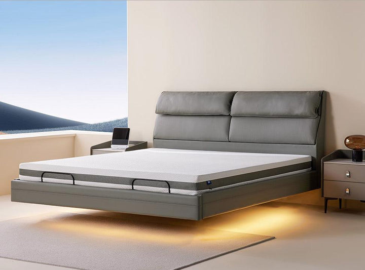 Gray Feel smart leather electric suspended bed in bedroom