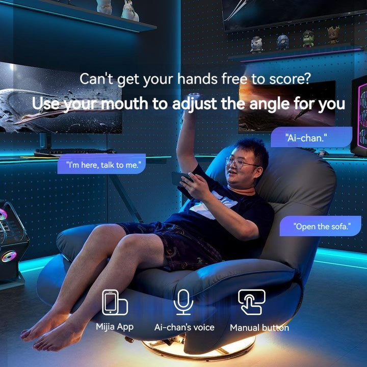 A boy sitting on a green smart electric lazy sofa playing a game